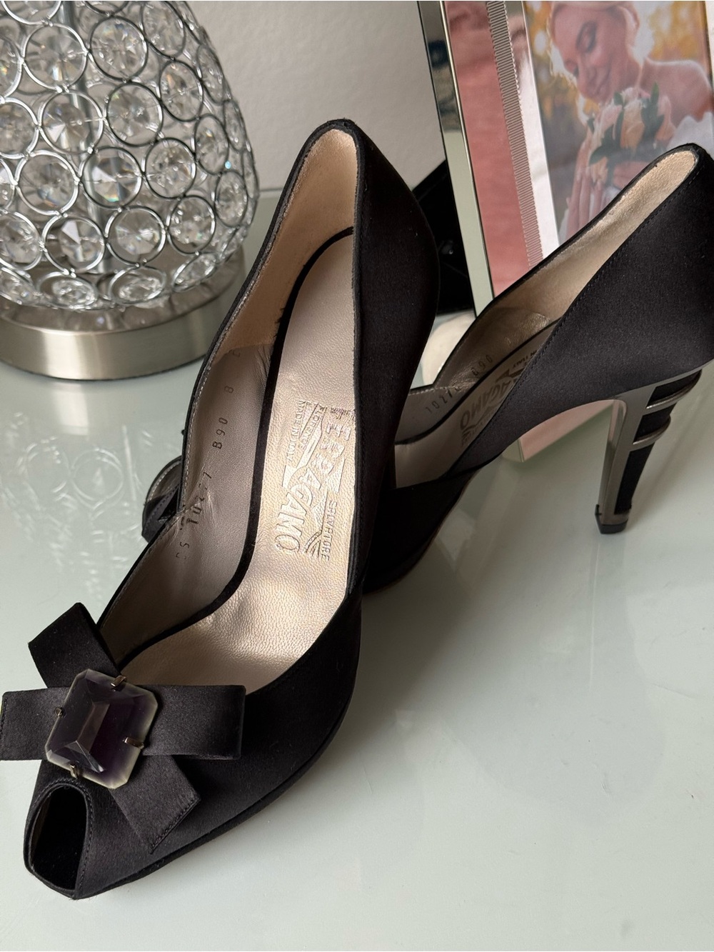 Salvatore Ferragamo Black Satin Peep-Toe Pumps with Bow and Jewel Accent